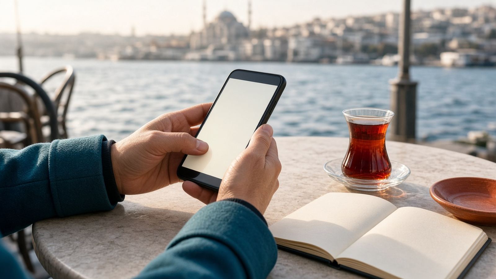 Boğaz kenarında telefona bakan eller, yanında çay ve açık defter, Betyap notu için